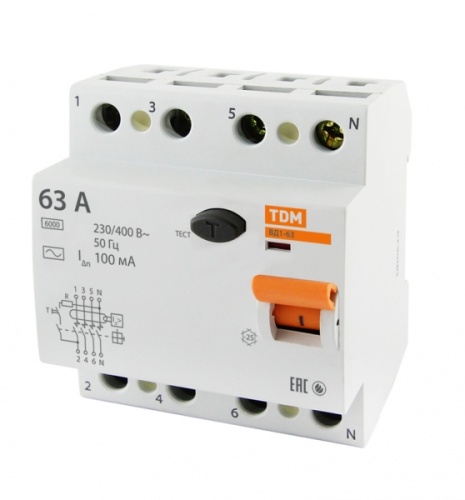 Выключатель дифференциальный (УЗО) ВД1-63 4п 63А 100мА тип AC | код. SQ0203-0042 | TDM